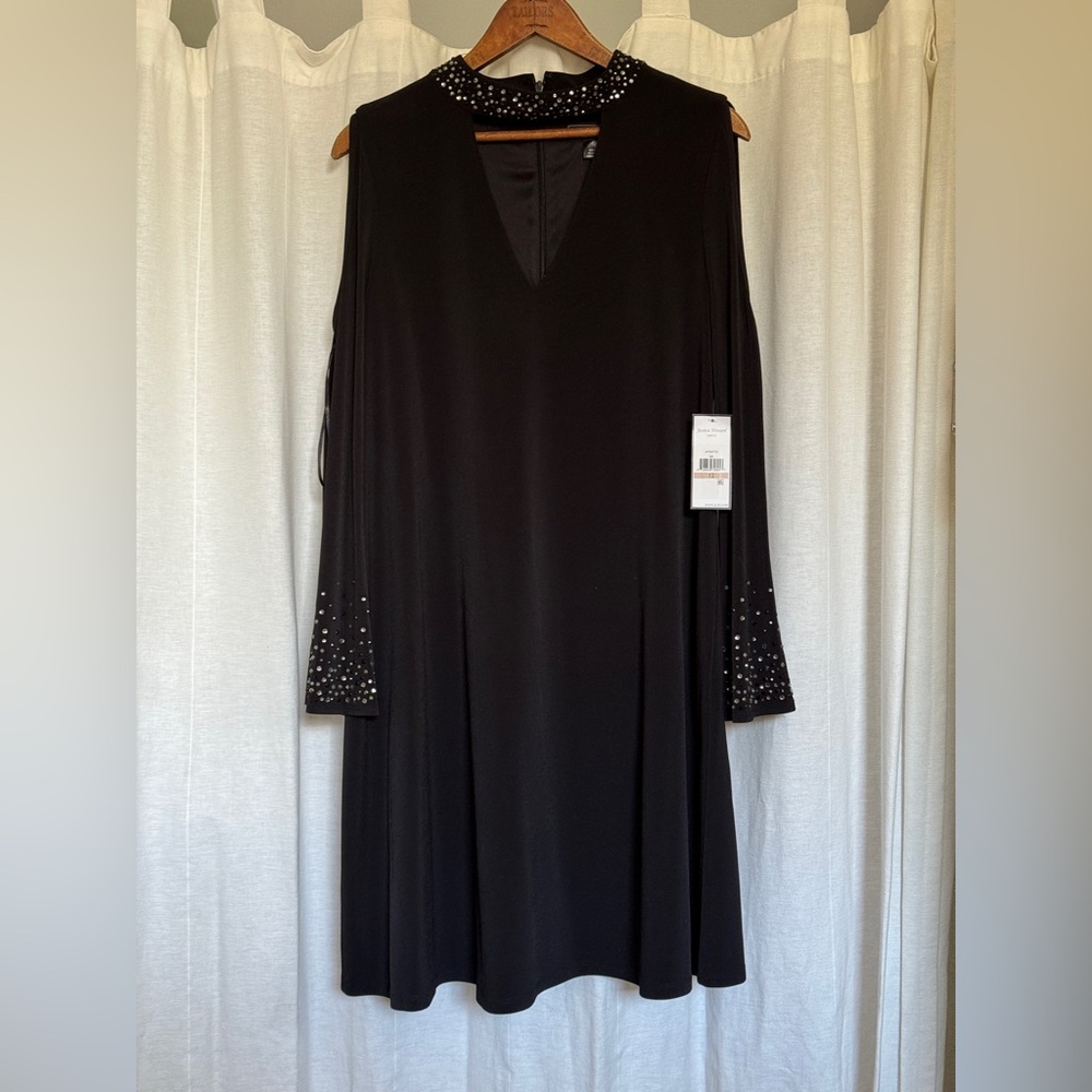 NWT Jessica Howard Black Dress with Embellished Sleeves and Cold Shoulder